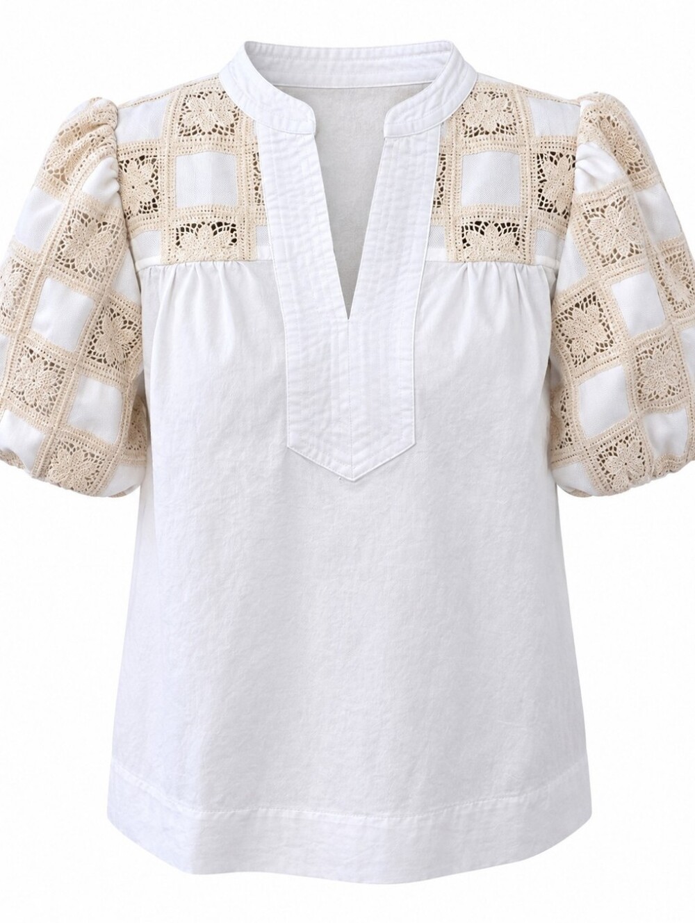 JODIFL White Crochet Puff Sleeve Blouse Women's Small Boho Eyelet Peasant Top